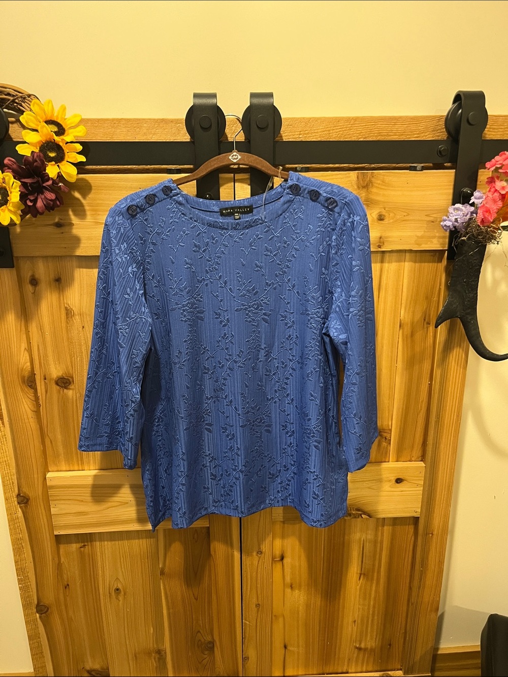 Napa Valley Floral Textured Blue Button-Shoulder Blouse